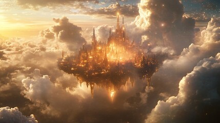 Majestic Floating City Amidst Clouds at Sunset, Illuminated by Golden Lights, Creating a Dreamlike Atmosphere and Enchanting Landscapes for Fantasy Art and Digital Design