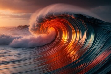 Dramatic Ocean Wave Illuminated by Sunset Light Captivating Coastal Scene.