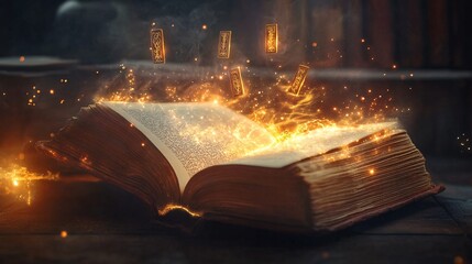 Enchanting Open Book Surrounded by Magical Sparks and Glowing Symbols in a Mystical Library Setting for Fantasy and Imagination Themes