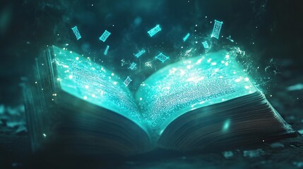 Enchanted Open Book with Glowing Text and Mystical Symbols Rising in Dark Fantasy Environment, Capturing the Essence of Magical Knowledge and Imagination
