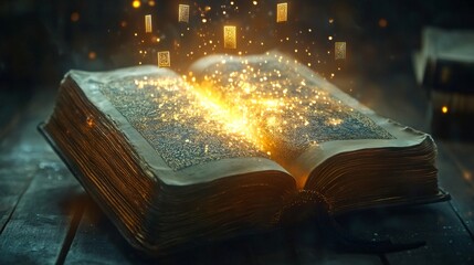 Mystical Open Book with Glowing Magic Dust and Floating Pages on Wooden Table, Enchanting Atmosphere of Knowledge and Imagination Illuminating the Room