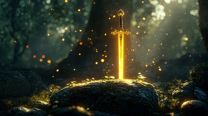 Enchanted Sword in Forest Setting with Magical Glow, Golden Blade Standing Amidst Lush Greenery and Soft Light Rays, Surrounded by Mystical Particles and Nature&rsquo;s Beauty