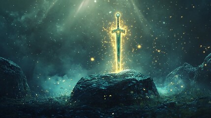 Naklejka premium Enchanted Sword Embedded in Stone with Mystical Glow Under Ethereal Light, Surrounded by Sparkling Particles in a Dreamlike Fantasy Landscape