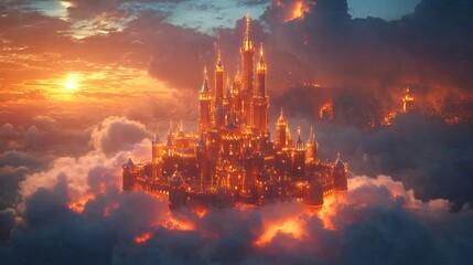 Majestic Fantasy Castle Glowing with Light Above the Clouds at Sunset, Surrounded by Dramatic Sky and Illumination, Enchanting Dreamlike Atmosphere