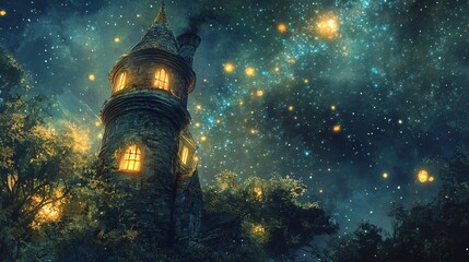 Enchanted Tower Under a Starry Sky with Glowing Stars and Mysterious Aura Surrounding Ancient Stone Structure