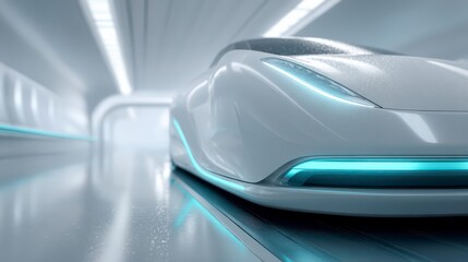 Fototapeta premium Futuristic vehicle with sleek, aerodynamic design glides smoothly through a modern tunnel, illuminated by the clean lines 