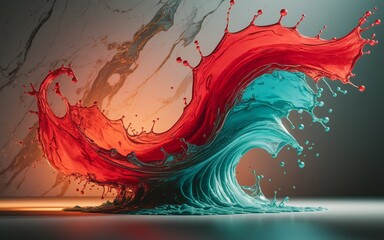 Dynamic Fluid Art Red and Blue Paint Splash on a Neutral Background.