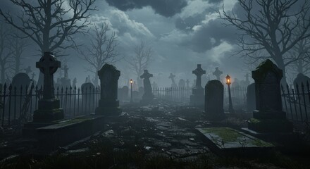 Spooky Abandoned Graveyard at Night with Fog and Dramatic Moonlight Atmosphere