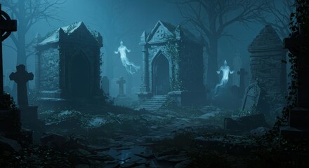 Haunted Old Cemetery with Ghosts Among Ancient Tombstones on a Foggy Night