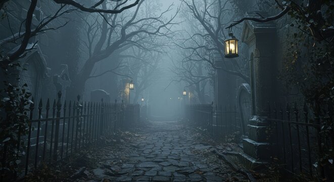 Mist and Shadows on a Spooky Graveyard Path with Lantern Light at Night