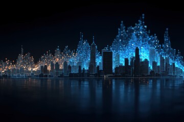 Obraz premium Stunning digital skyline representation featuring intricate data patterns emphasizing urban connectivity and technological advancement reflecting modern city life dynamics and innovation