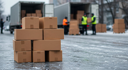 Workers unloading cardboard boxes from trucks on snowy street  
