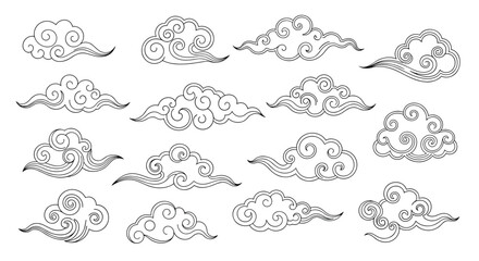 A collection of decorative Asian inspired cloud motifs in black and white.