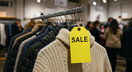 Clothing rack with sale tag in busy retail store during winter  
