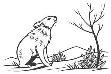 Monochrome Landscape: Lone Tree and Bird Silhouette Vector