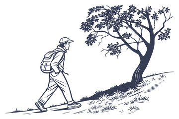 Monochrome Tree with Leaves and Perched Bird Vector Art