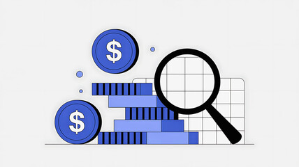 Financial analysis concept with magnifying glass examining coins and data chart