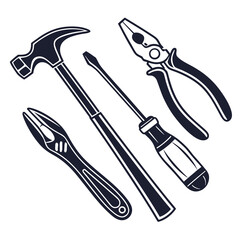 A collection of essential hand tools including a hammer adjustable wrench screwdriver and pliers arranged on a white background