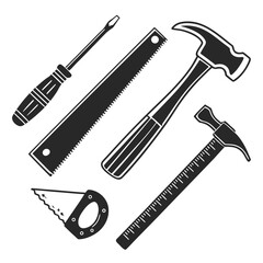 Collection of black silhouette hand tools including a screwdriver saw ruler and two hammers on a white background