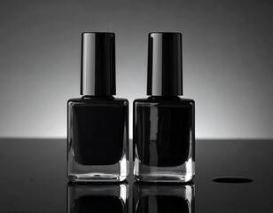 Two black nail polish bottles on a reflective surface