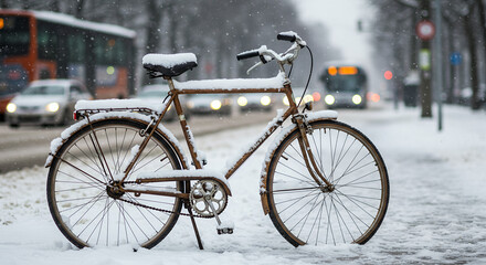 Bicycle covered in snow on city street during winter season  