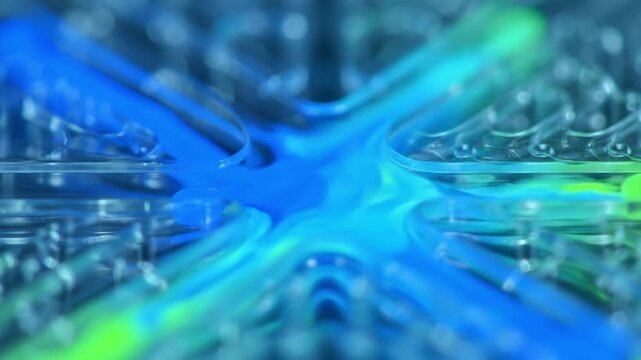 Bright blue and green shapes interlace in an intricate design, inviting viewers to appreciate the beauty of modern art. The installation captivates with its vivid colors and forms.