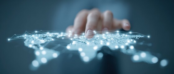 Abstract Hand Touching Digital World Map with Network Connections and Glowing Dots in Futuristic Concept