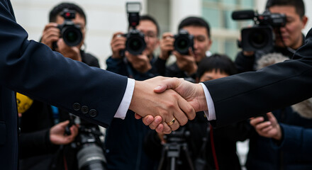 Businessmen shaking hands while being photographed by media at event  