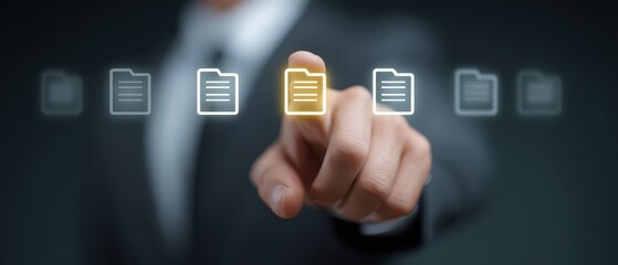 Business Professional Selecting Document from Digital Files on Touchscreen Interface in Modern Office Environment