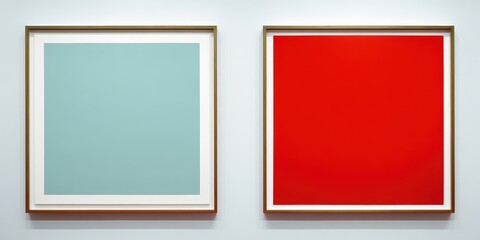 Two minimalist color block paintings in gold frames on a white wall. Ideal for modern interior design and marketing.