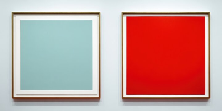 Two minimalist color block paintings in gold frames on a white wall. Ideal for modern interior design and marketing.