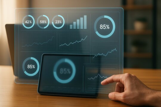 Person using tablet with holographic dashboard showing financial charts and analytics data
 - Powered by Adobe