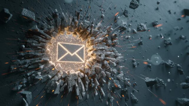 Phishing email breach concept with a glowing envelope pierced by a spear symbolizing data leak and cybersecurity failure