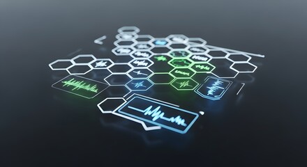 Abstract digital display of medical data with hexagonal grid and waveforms