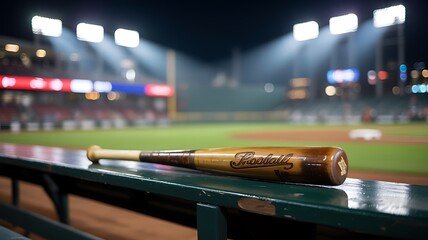 Baseball bat resting on a dugout bench under stadium lights, ready for a game.
