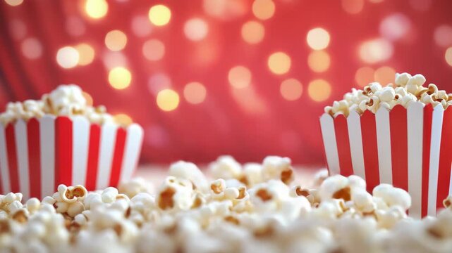 Cinema snacks ready for a festive movie night. Bright red and white patterned popcorn in two cups.