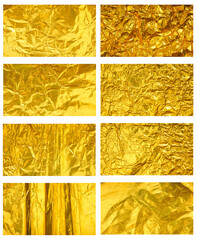 Set collection or collage of shiny yellow gold foil crumpled texture background