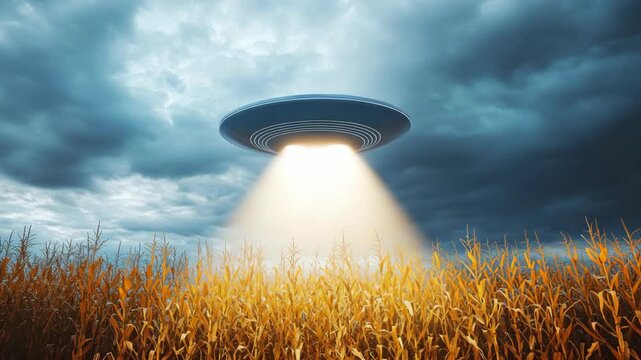 Surprising appearance of a UFO in the midst of a dark, stormy sky, with an opening revealing an alien spacecraft, casting a beam over a vast field.