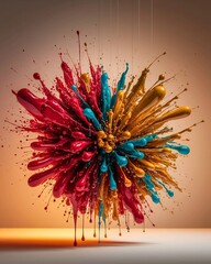 Explosive Burst of Colorful Paint Splatters on Neutral Background.