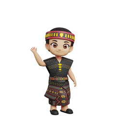 3D of male character wearing cultural ethnic outfit with black textile and both hands together, isolated on white background, traditional clothing.
