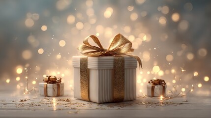Beautifully wrapped gift box floating against a dreamy background with delicate smaller gifts and soft bokeh lights elegant festive celebration scene ideal for greeting cards invitations posters