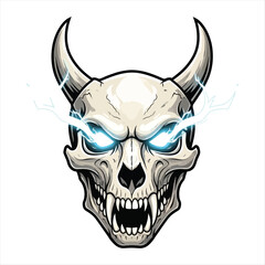 Vector illustration of a ferocious demon skull with glowing electric eyes and prominent horns, perfect for a team mascot or tattoo design