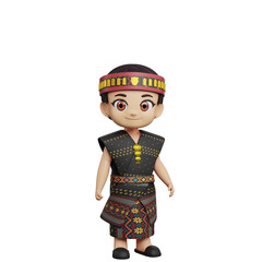 3D of male character in cultural clothing with black outfit and headband accessory, isolated on white background, traditional ethnic costume.
