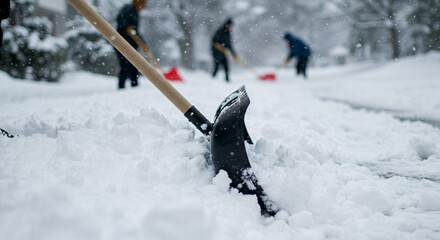 Naklejka premium Snow shovel clearing snow on driveway by people in winter scene 