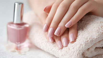 Elegant hands with manicured nails resting on a soft towel beside a bottle of pale pink nail polish, showcasing beauty and self-care in a tranquil setting.