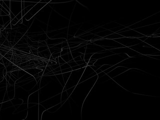 Gradient black tangled thread background. Abstract pen stroke vector illustration, on black background. Hand drawn tangled doodle. Vector illustration isolated on black background.