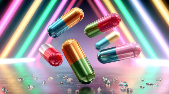 Colorful Capsules in Neon Glow: An array of vibrant, multi-colored capsules float in a captivating neon-lit ambiance, creating a visually stimulating scene that hints at innovation, health.