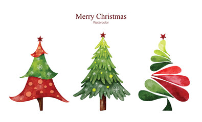 Set of three watercolor Christmas trees