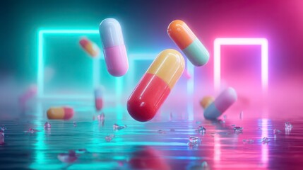 Vibrant Pharmaceutical Pixels: Dynamic illustration of colorful pills floating amidst neon-lit geometric structures, symbolizing innovation and health.