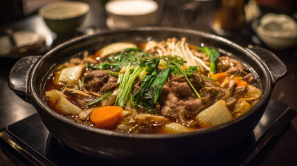 A steaming hot pot filled with fresh vegetables, tender meat, and aromatic herbs simmering in flavorful broth on a dining table in a cozy restaurant atmosphere.